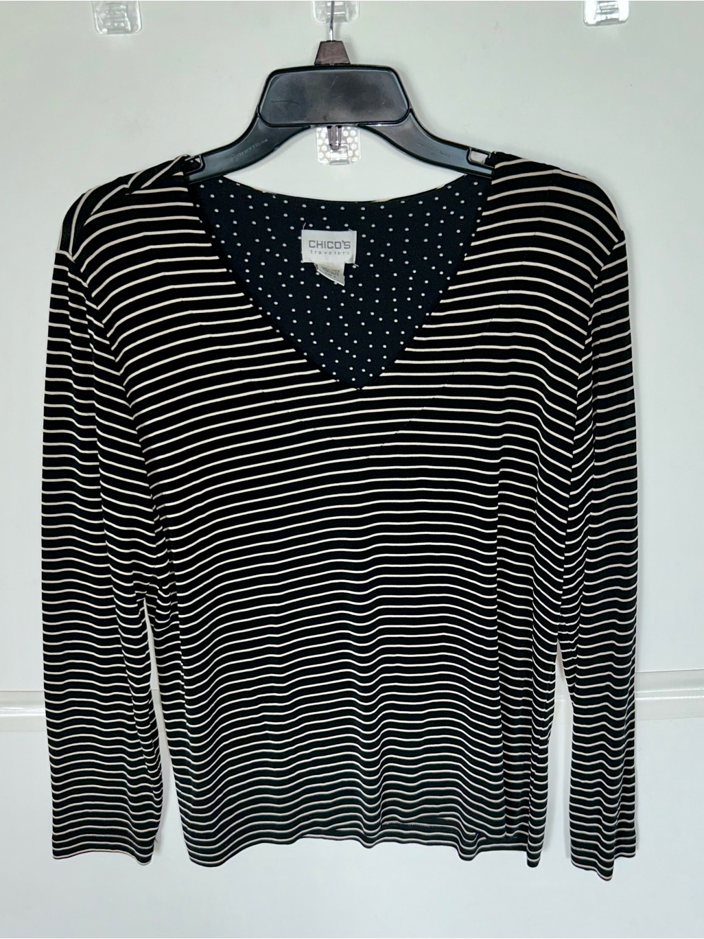 Chico’s Woman’s Ls Black And Cream Striped Shirt.